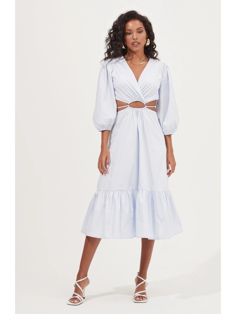 ASTR The Label Rosewood Cutout Waist Midi Dress Light Blue Size S NWT